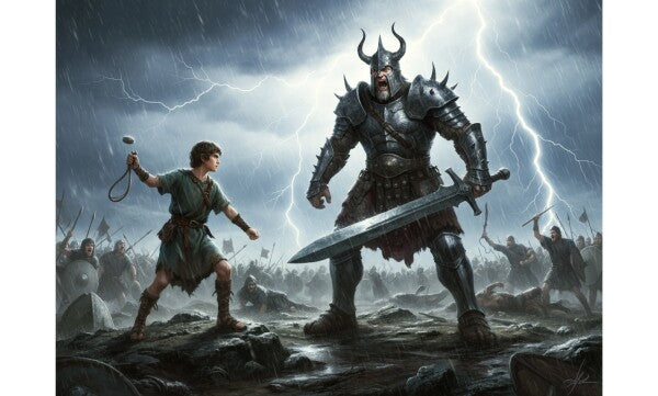 DAVID CONFRONTS GOLIATH IN A THUNDERSTORM