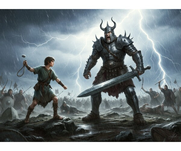 DAVID CONFRONTS GOLIATH IN A THUNDERSTORM