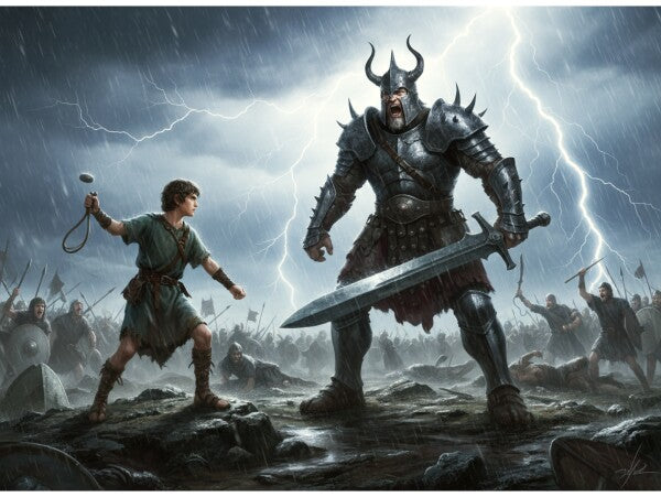 DAVID CONFRONTS GOLIATH IN A THUNDERSTORM