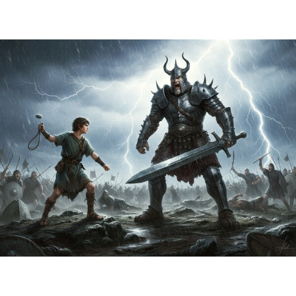 DAVID CONFRONTS GOLIATH IN A THUNDERSTORM