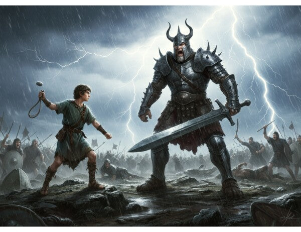 DAVID CONFRONTS GOLIATH IN A THUNDERSTORM